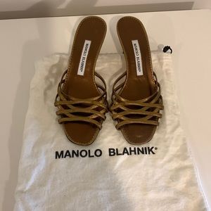 Bronze Manolo Blahnik strappy kitten heel